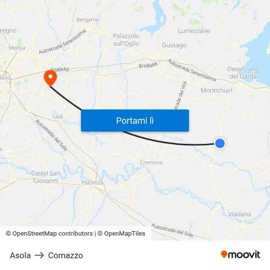 Asola to Comazzo map