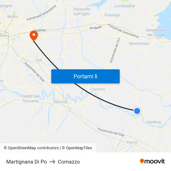 Martignana Di Po to Comazzo map
