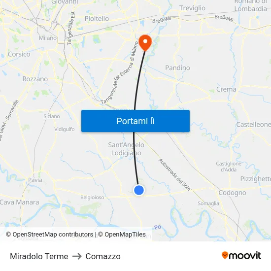 Miradolo Terme to Comazzo map