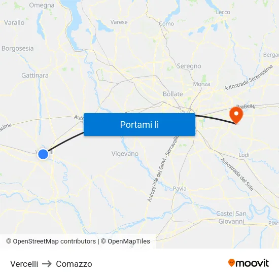 Vercelli to Comazzo map