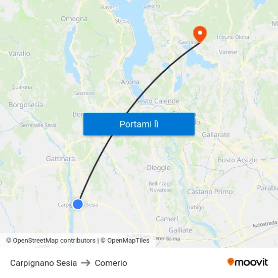 Carpignano Sesia to Comerio map