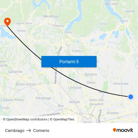Cambiago to Comerio map