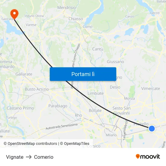 Vignate to Comerio map