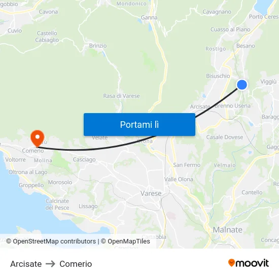 Arcisate to Comerio map