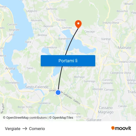 Vergiate to Comerio map
