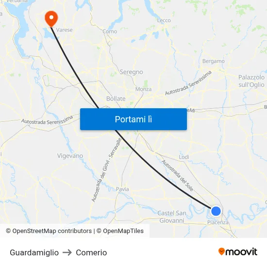 Guardamiglio to Comerio map