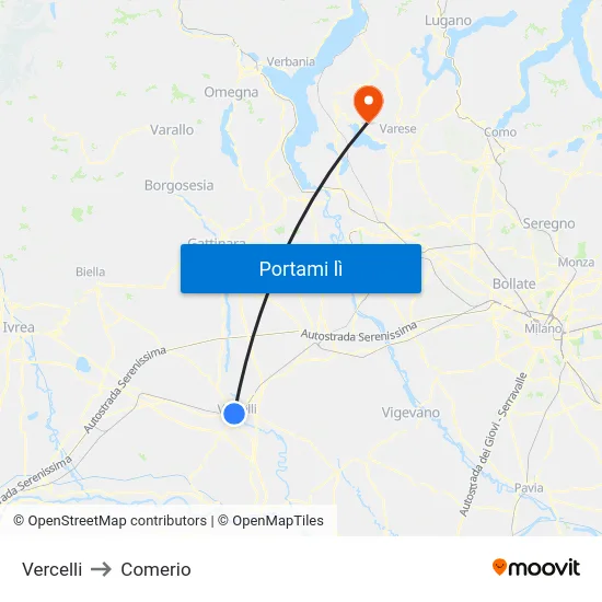 Vercelli to Comerio map