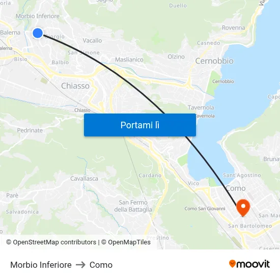 Morbio Inferiore to Como map