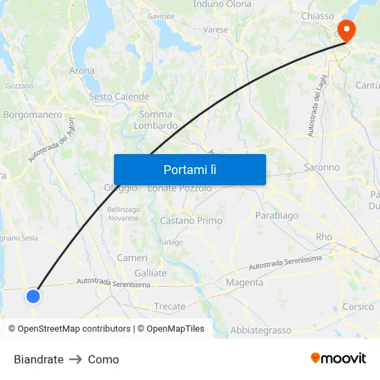 Biandrate to Como map