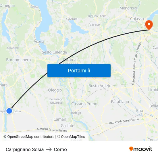 Carpignano Sesia to Como map