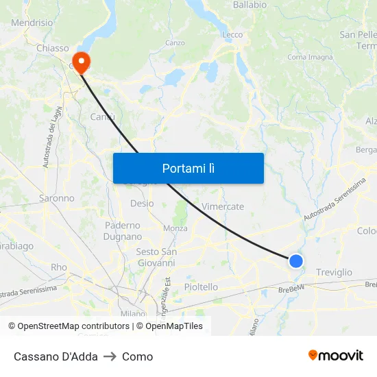 Cassano D'Adda to Como map