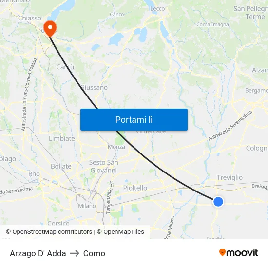 Arzago D' Adda to Como map