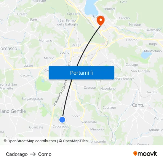 Cadorago to Como map