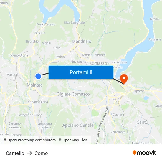 Cantello to Como map