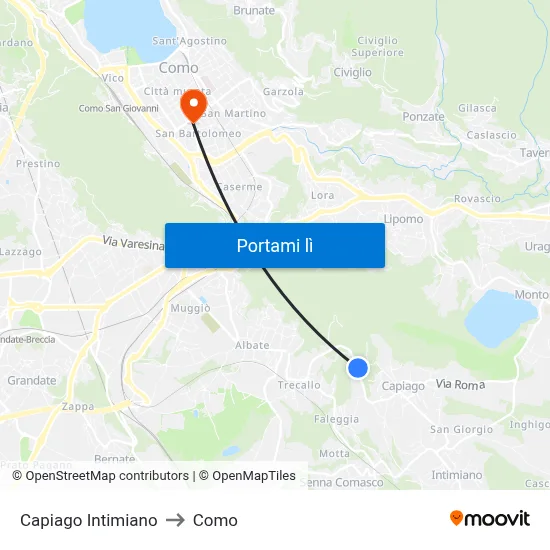 Capiago Intimiano to Como map