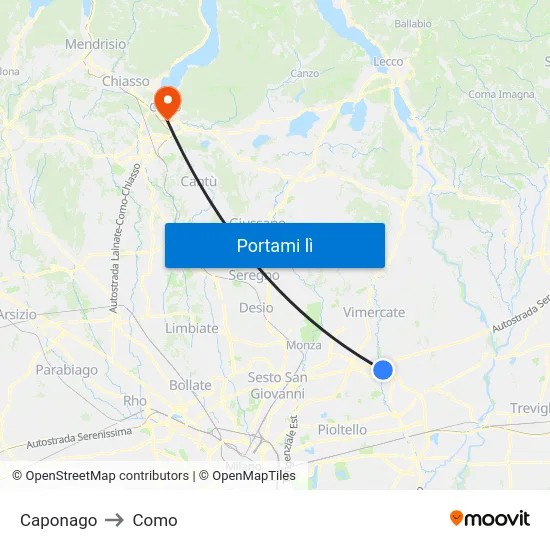 Caponago to Como map
