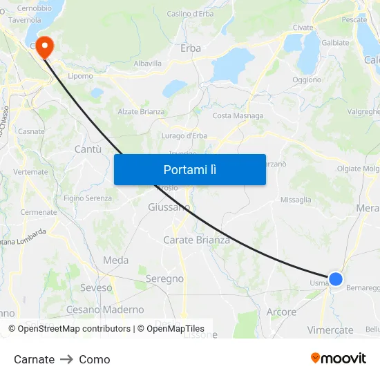 Carnate to Como map