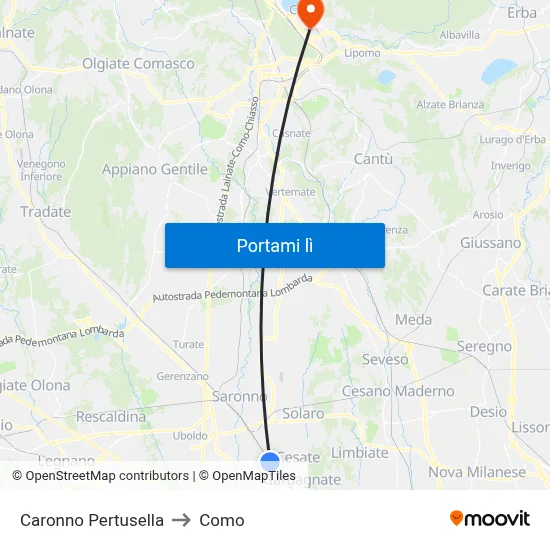 Caronno Pertusella to Como map
