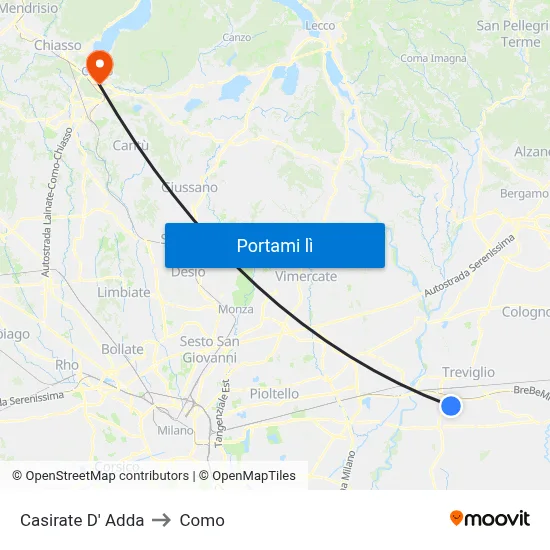 Casirate D' Adda to Como map