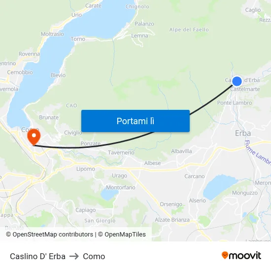 Caslino D' Erba to Como map