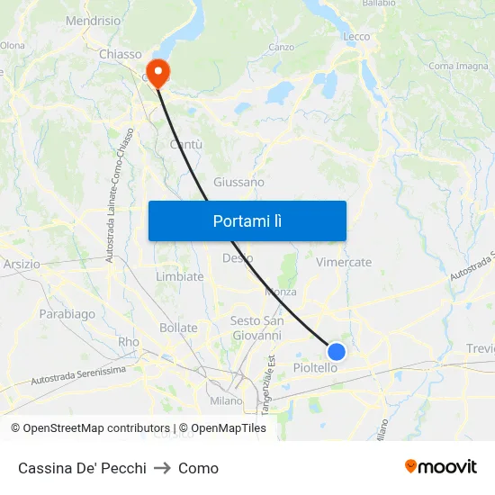 Cassina De' Pecchi to Como map