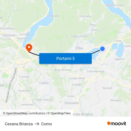 Cesana Brianza to Como map
