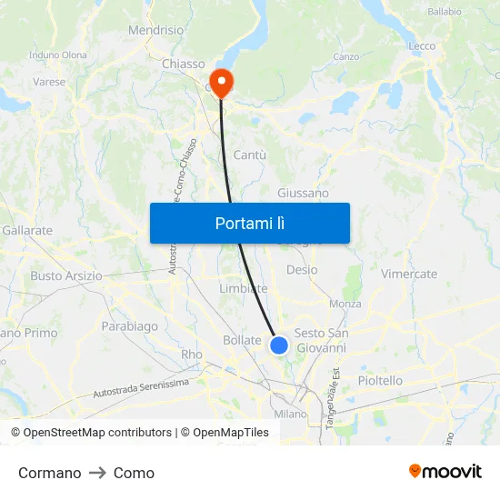 Cormano to Como map
