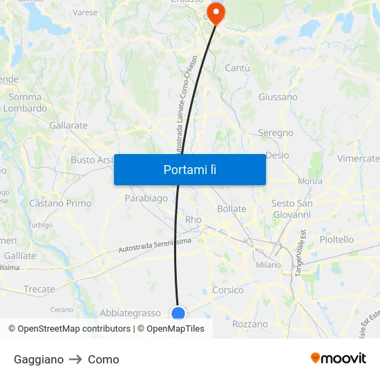 Gaggiano to Como map