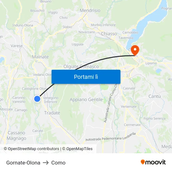 Gornate-Olona to Como map