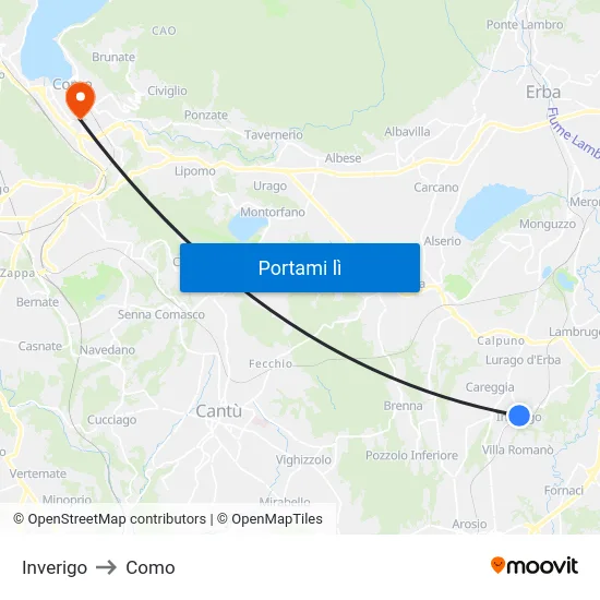 Inverigo to Como map