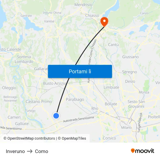 Inveruno to Como map