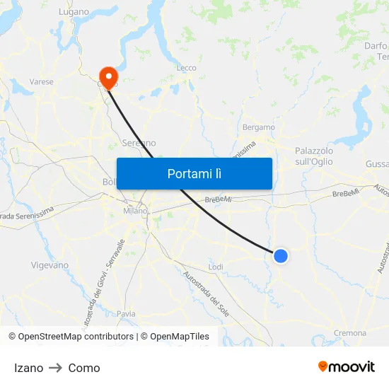 Izano to Como map
