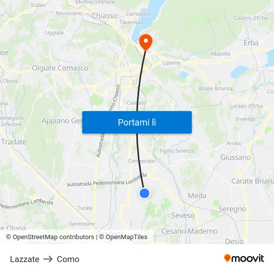 Lazzate to Como map