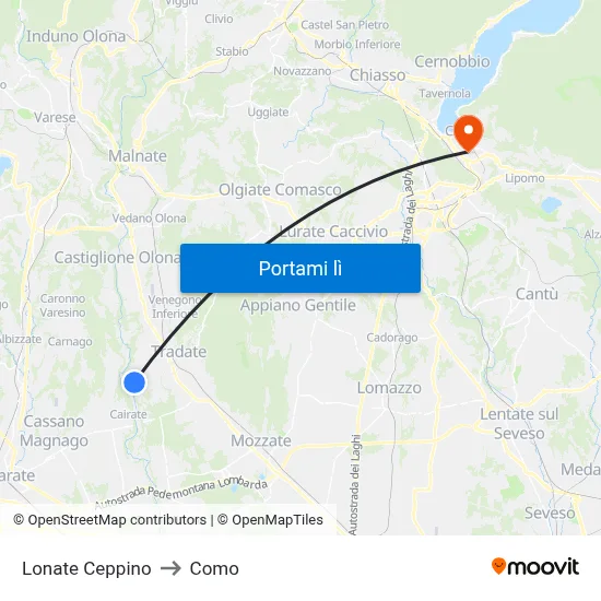 Lonate Ceppino to Como map