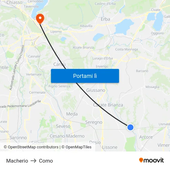 Macherio to Como map