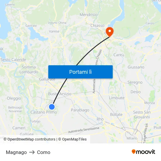 Magnago to Como map