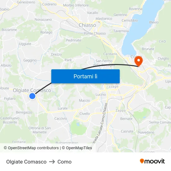 Olgiate Comasco to Como map