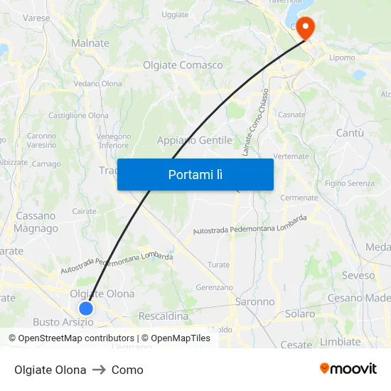 Olgiate Olona to Como map