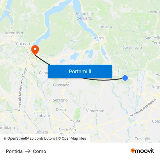 Pontida to Como map