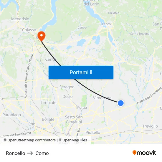 Roncello to Como map