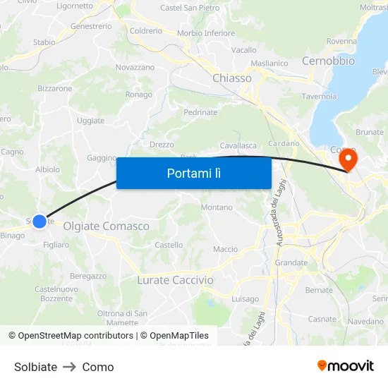 Solbiate to Como map