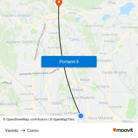 Varedo to Como map