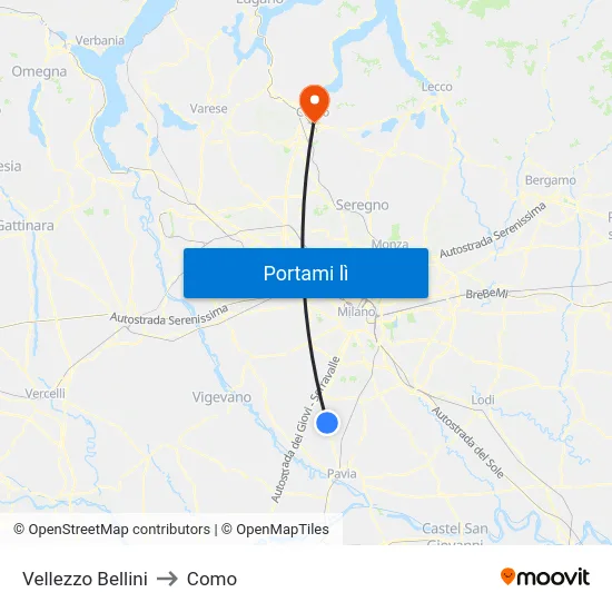 Vellezzo Bellini to Como map