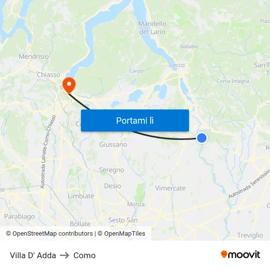 Villa D' Adda to Como map