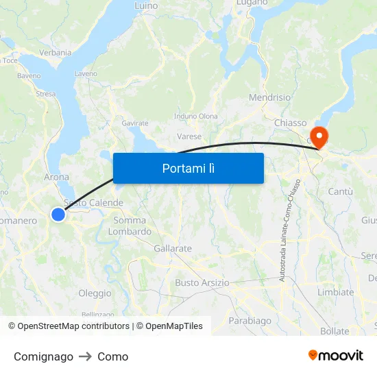 Comignago to Como map