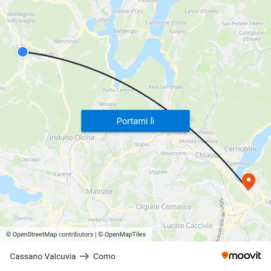 Cassano Valcuvia to Como map