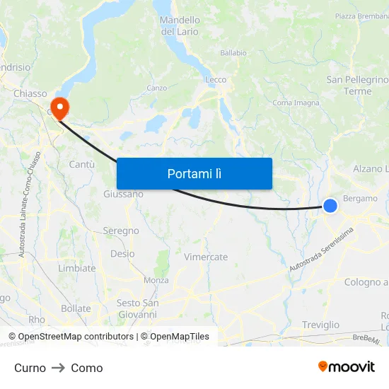 Curno to Como map