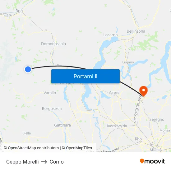 Ceppo Morelli to Como map