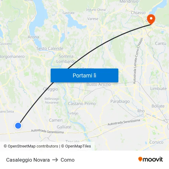 Casaleggio Novara to Como map