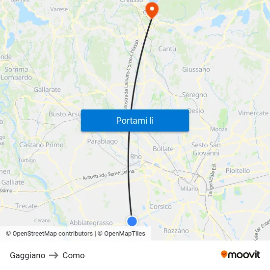 Gaggiano to Como map